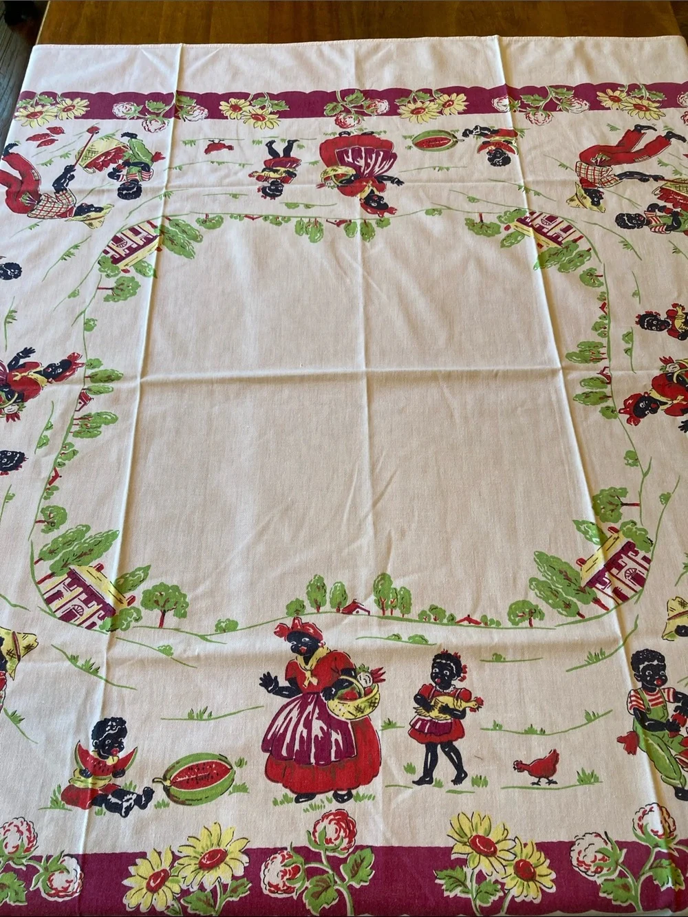 Vintage African‎ Americana Cotton Tablecloth Rare Mammy & Family Work On Farm